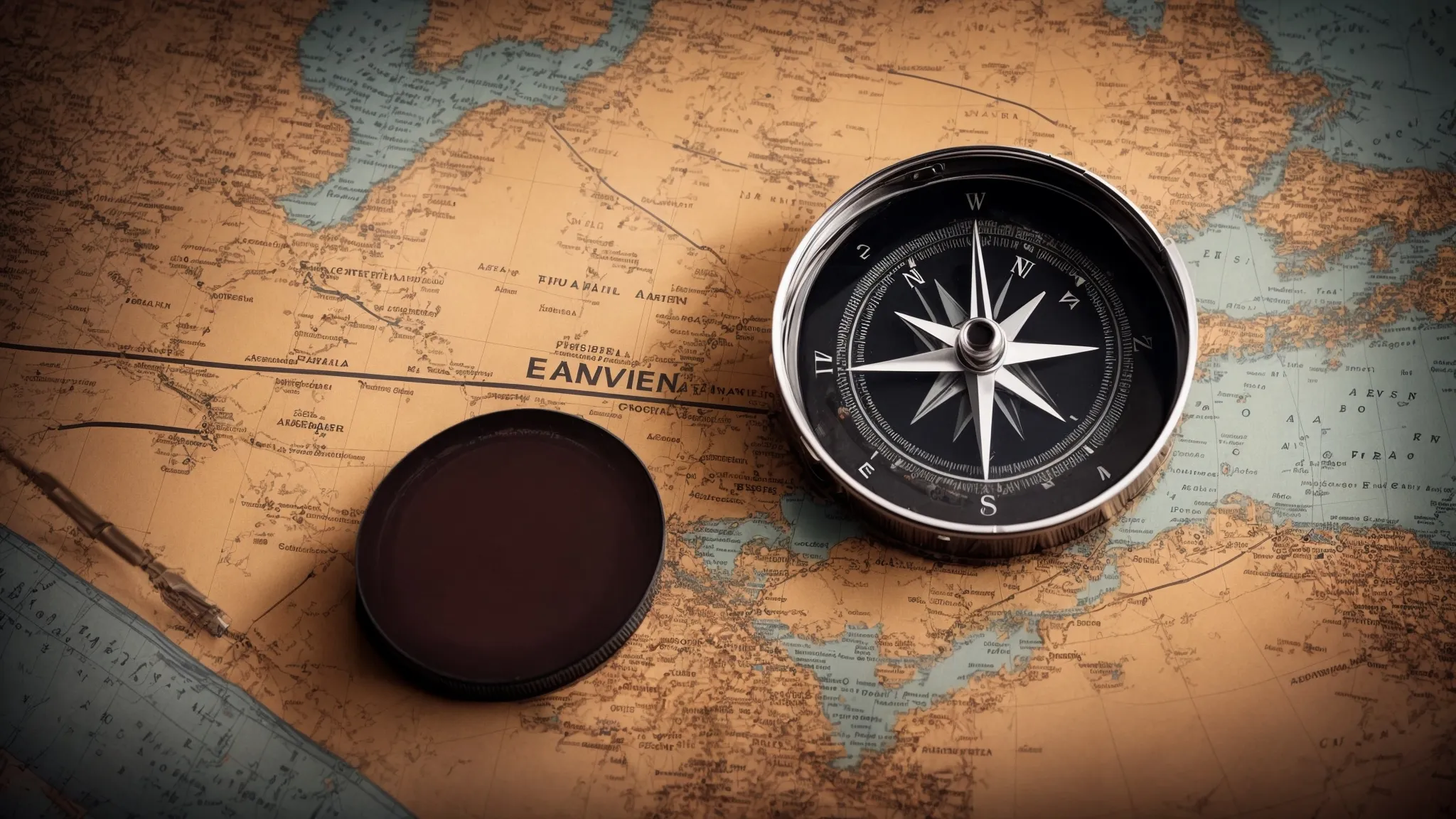 a compass on a map surrounded by digital marketing icons, emphasizing a strategic route.