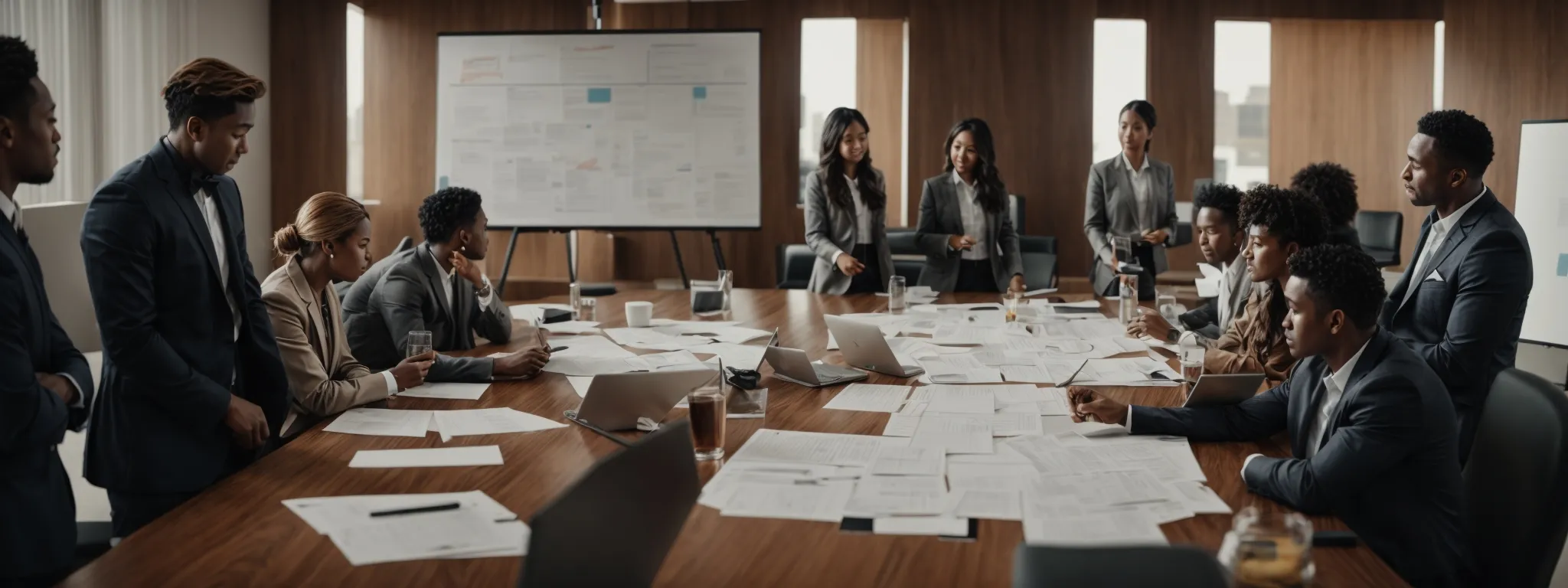 a team of professionals collaboratively brainstorming over a large business model canvas spread out on a conference room table.
