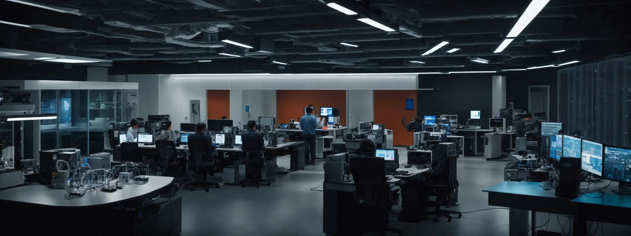 a futuristic lab with advanced computers and devices where a diverse team of technologists collaborate on innovative projects.