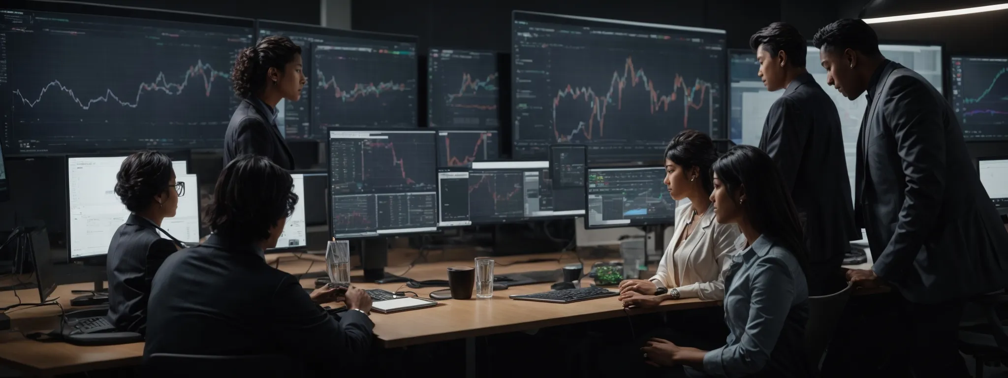 a group of diverse professionals congregates around a large monitor, analyzing dynamic charts and graphs that reflect real-time website analytics.