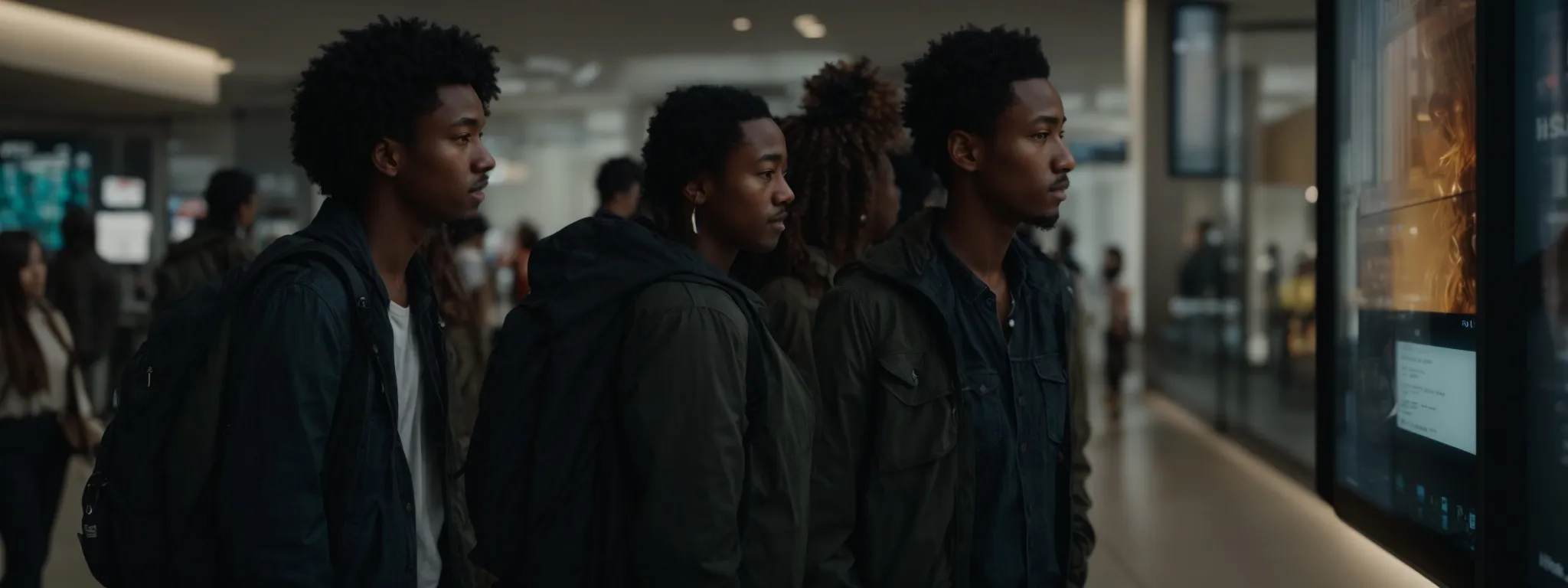 a diverse group of people engaging with a large touch screen display in a modern, well-lit public space.