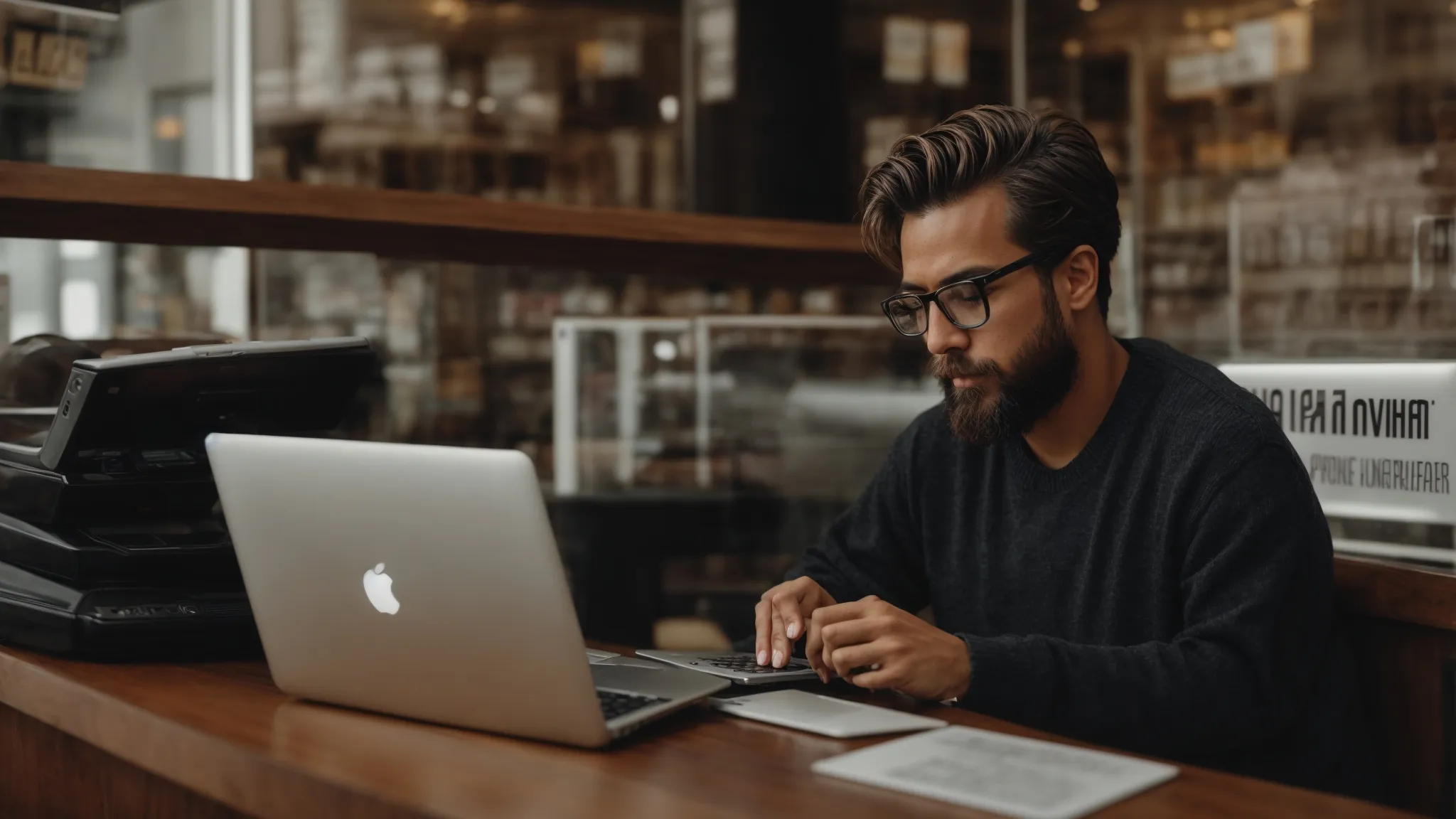a local business owner updates their storefront's online profile on a laptop, ensuring the name, address, and phone number are correct.