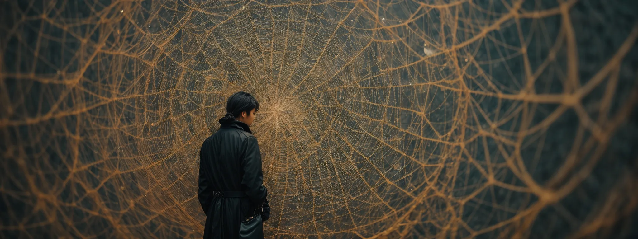 a studious figure examining a complex web pattern that symbolizes the intricacies of seo evolution.