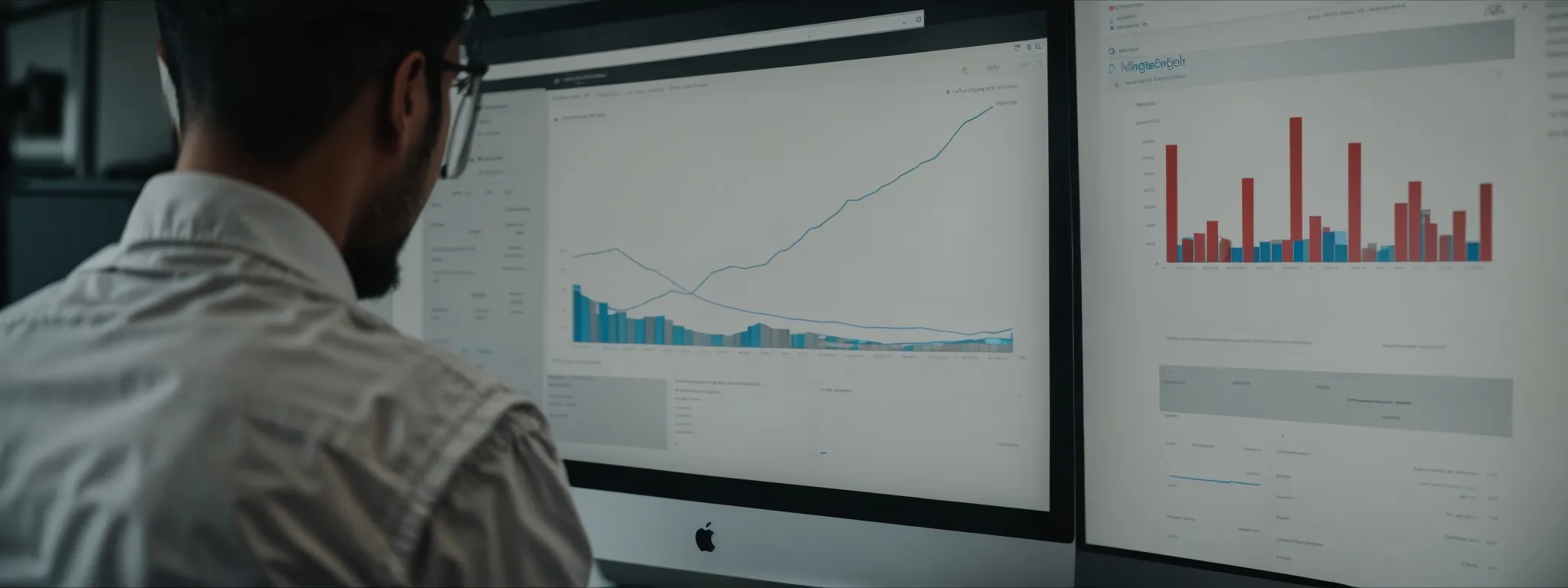 a digital marketing professional examines a graph on a computer screen, reflecting search engine rankings.