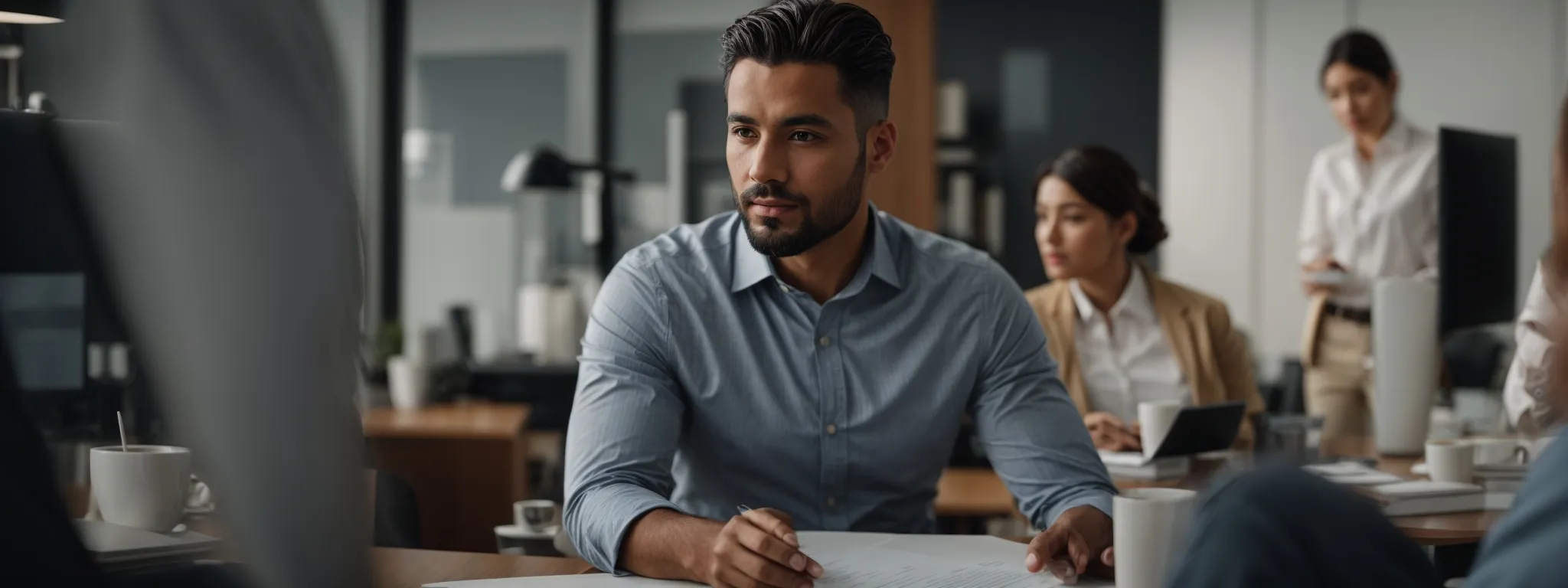 a confident business professional presents a comprehensive seo strategy during a client meeting in a modern office.
