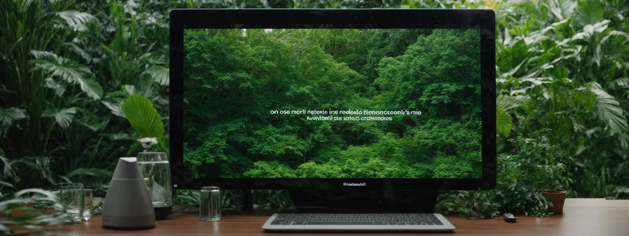 a computer screen displays an advertisement for eco-friendly products amidst a backdrop of lush green plants.