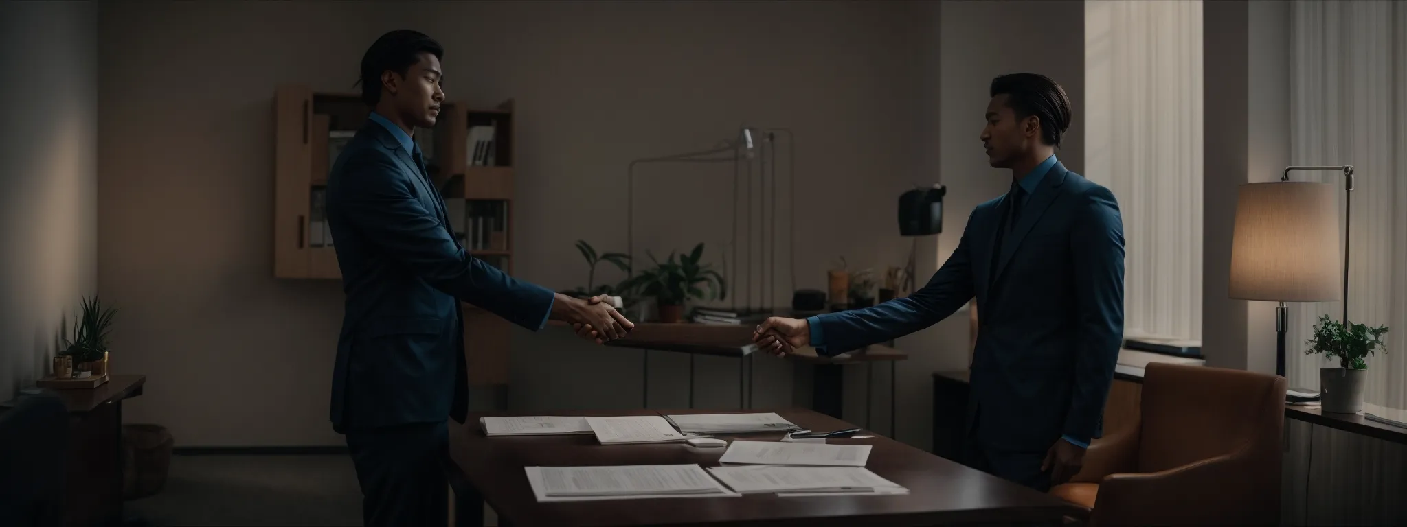 a handshake between two individuals in a serene office environment, symbolizing a partnership agreement.