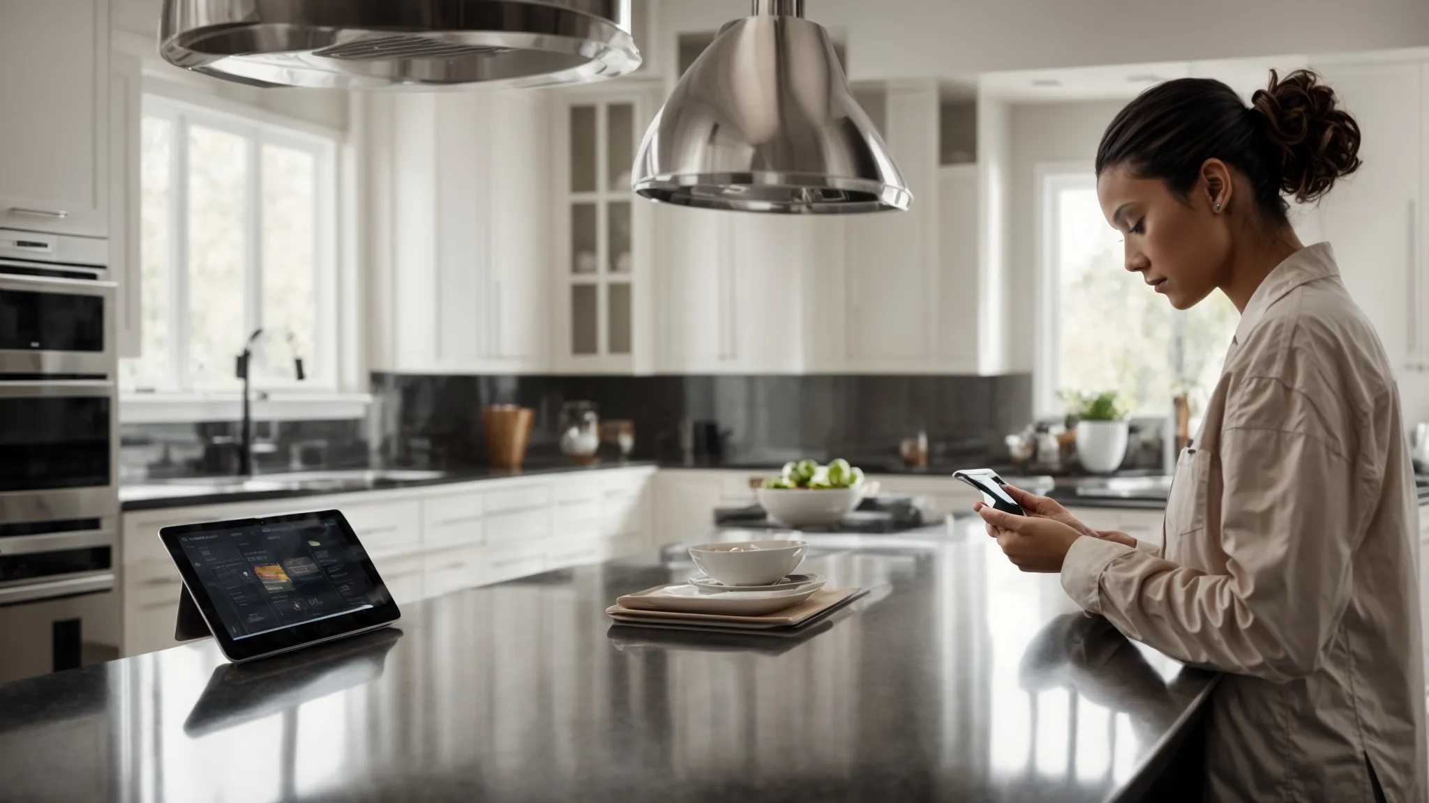 a sleek, modern kitchen showcasing polished countertops with a professional in the background discussing design options on a tablet.