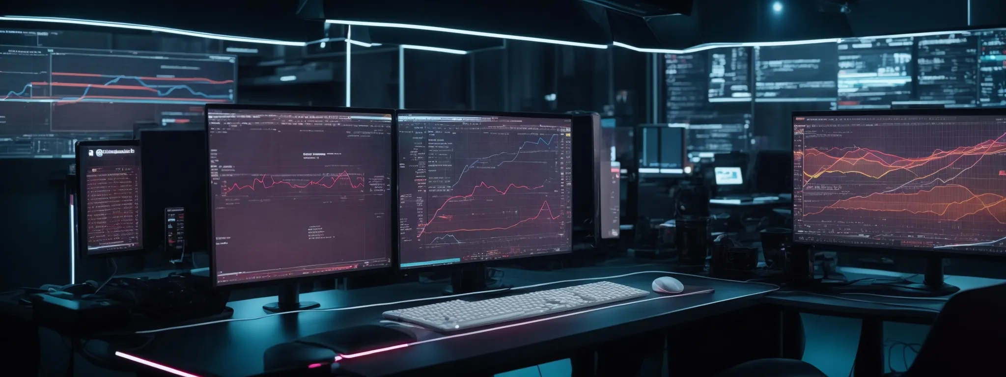 a futuristic computer setup with large screens displaying seo analytics and a glowing ai interface.