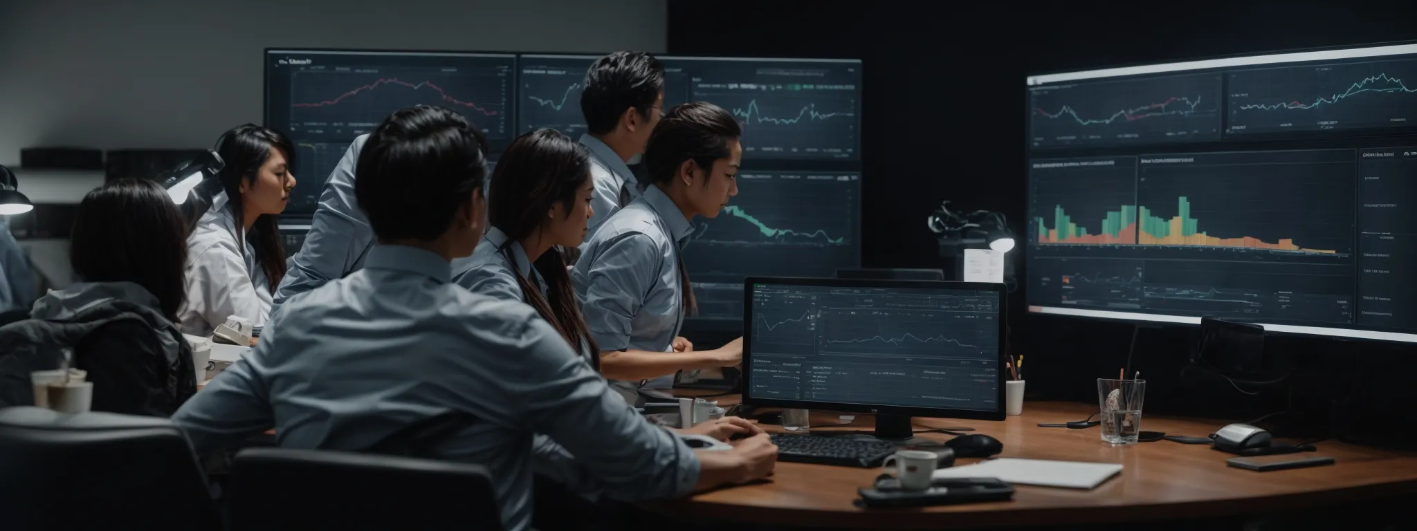 a team of seo professionals analyzes a computer dashboard displaying user engagement statistics.