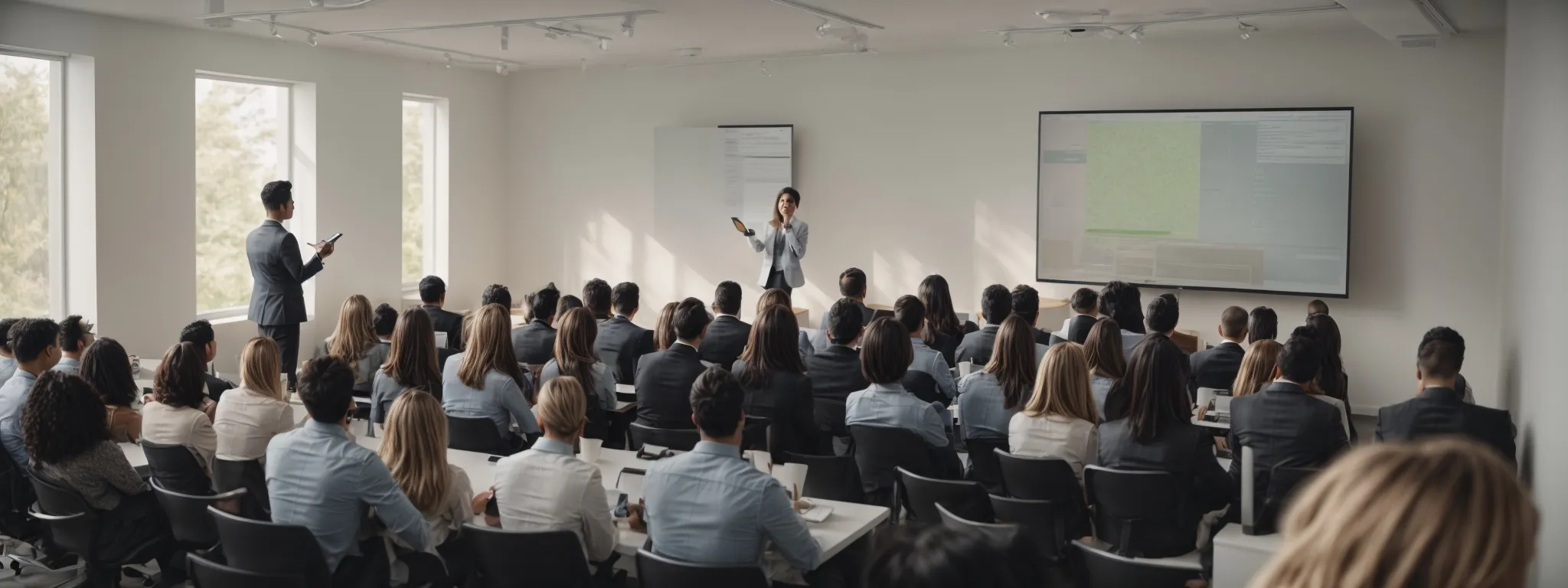 a marketer stands in a bright conference room, presenting a digital marketing strategy on a large screen to an attentive audience.