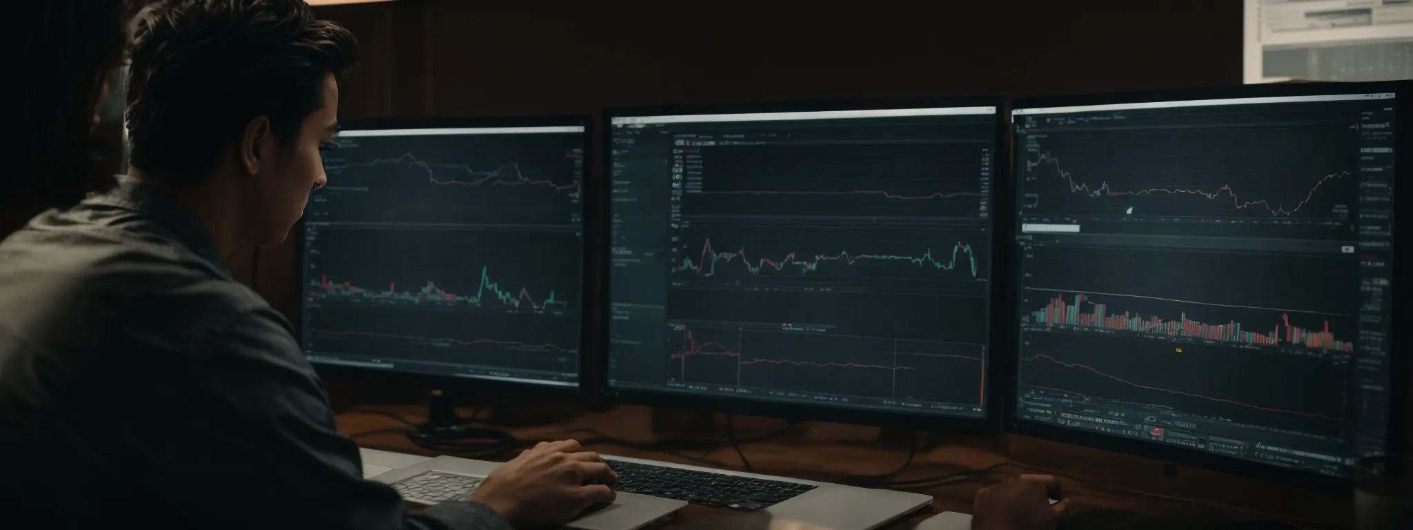 a person attentively studies charts and graphs on a computer screen showing website traffic and performance metrics.