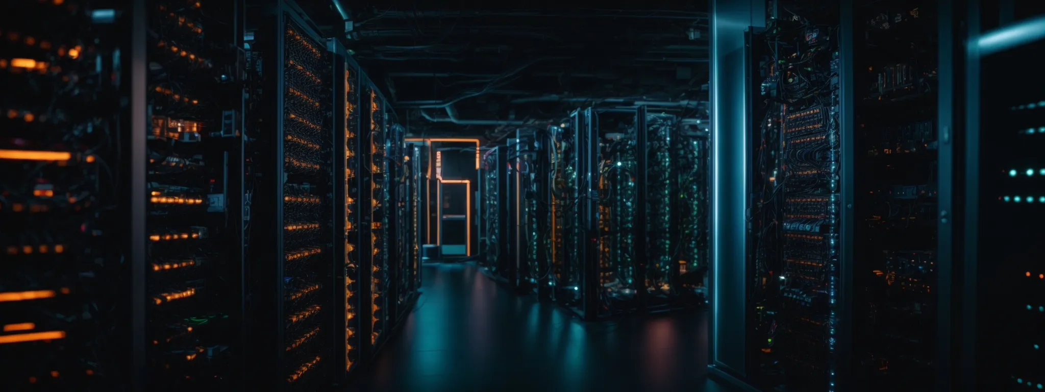 a server room with rows of high-speed network equipment and glowing led lights.