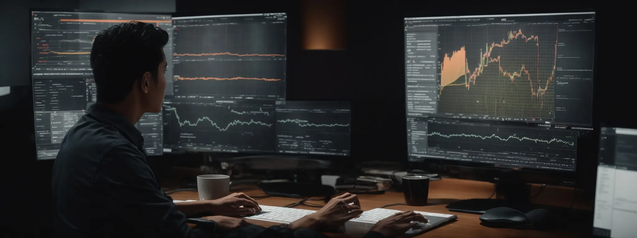 a person analyzing graphs and charts on a computer screen, reflecting the optimization of a website's landing page performance.