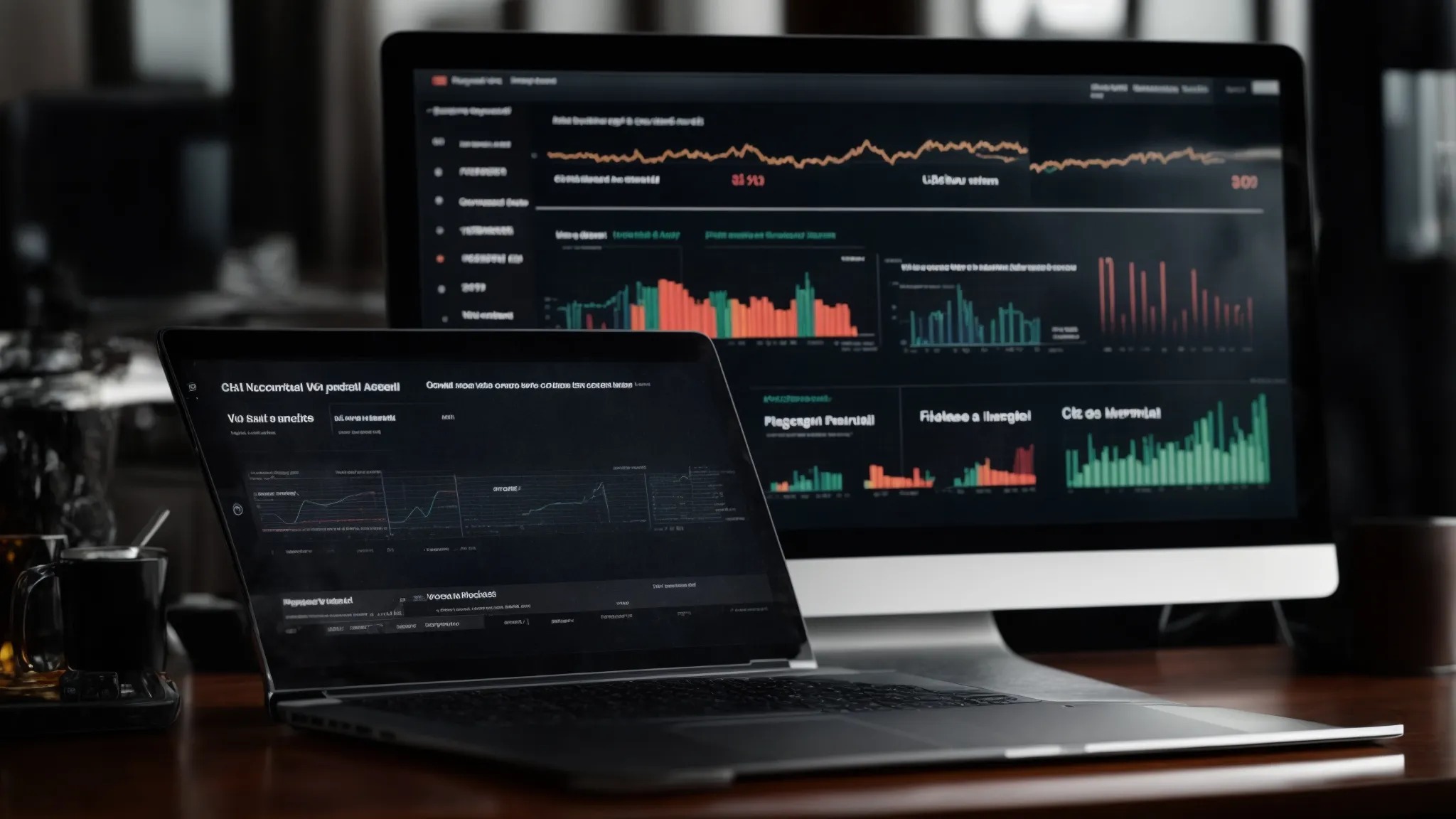 a laptop displaying charts and graphs on a content management system dashboard set against a backdrop of website code and search engine icons.