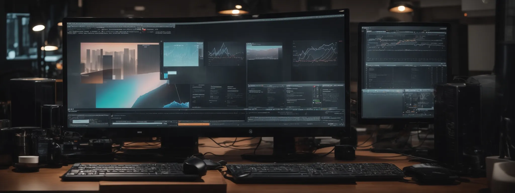 a modern computer setup with seo analytics on the screen, surrounded by digital marketing icons.