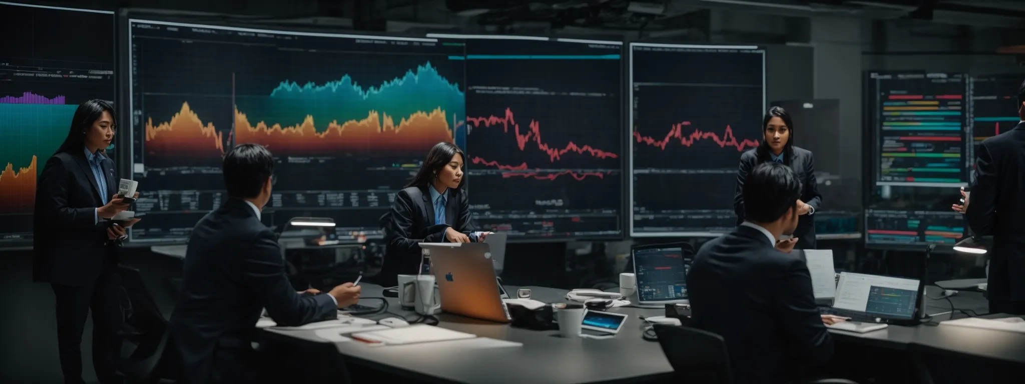 a group of professionals surrounding a large screen displaying colorful charts and graphs while engaged in collaborative analysis.