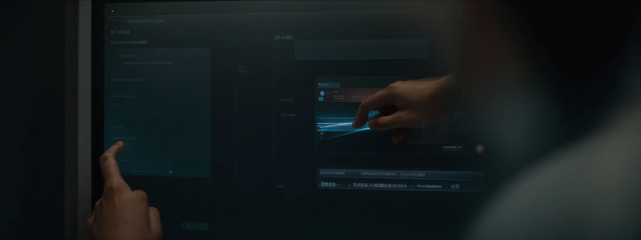 a person interacting with a touchscreen displaying a web search bar.