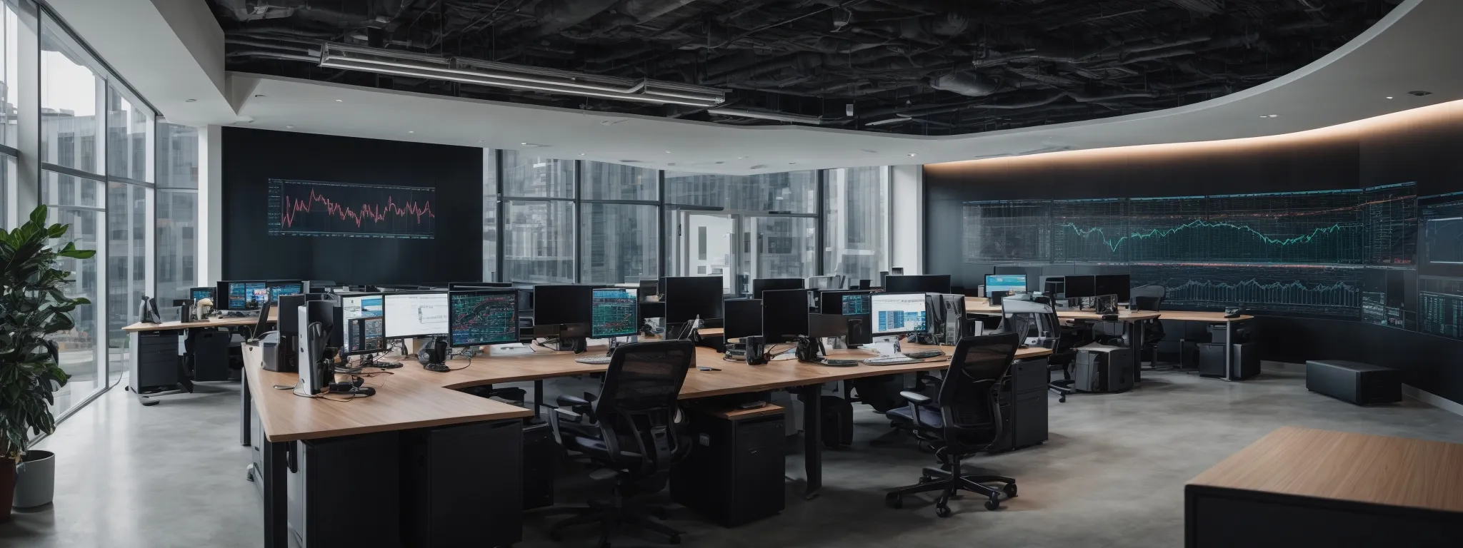 a panoramic view of a modern office space with computers displaying graphs and analytics on the screens, symbolizing digital seo strategies.