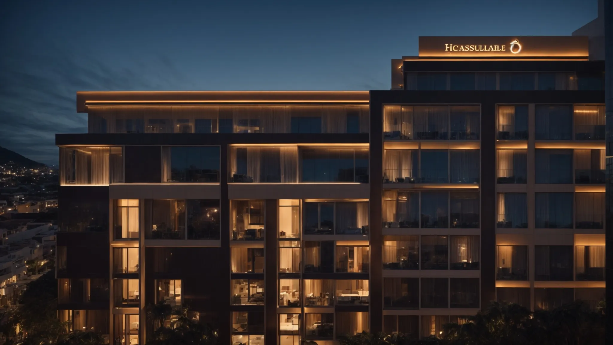 a luxury hotel facade at dusk with glowing windows and a visible search engine interface overlaying the scene, symbolizing online presence optimization.