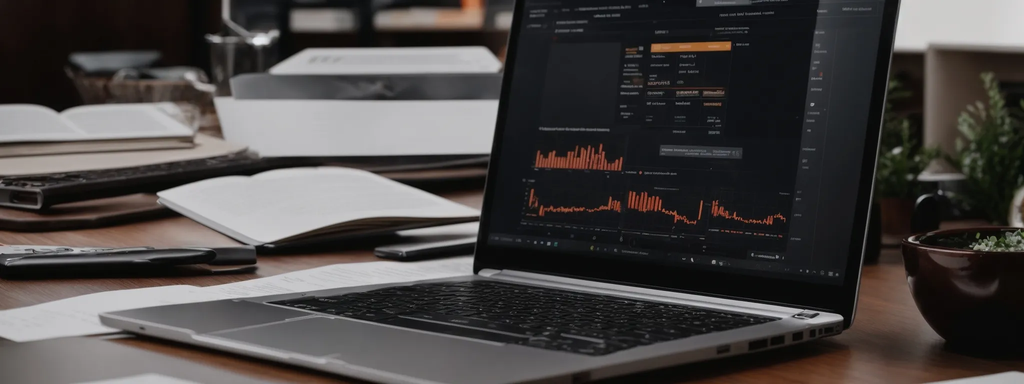 A laptop on a wooden desk displays data charts and graphs. Surrounding the laptop are papers, a notebook, a cup, and office supplies.