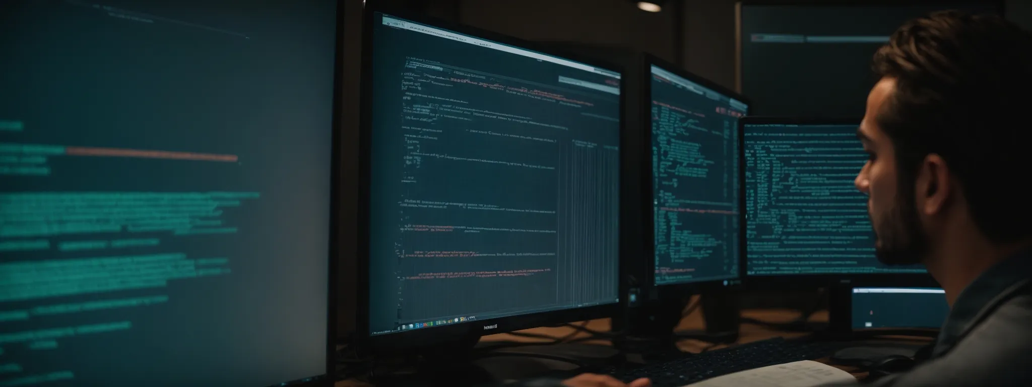 a web developer intently studies code on a computer monitor, optimizing a website's structured data for better mobile seo.