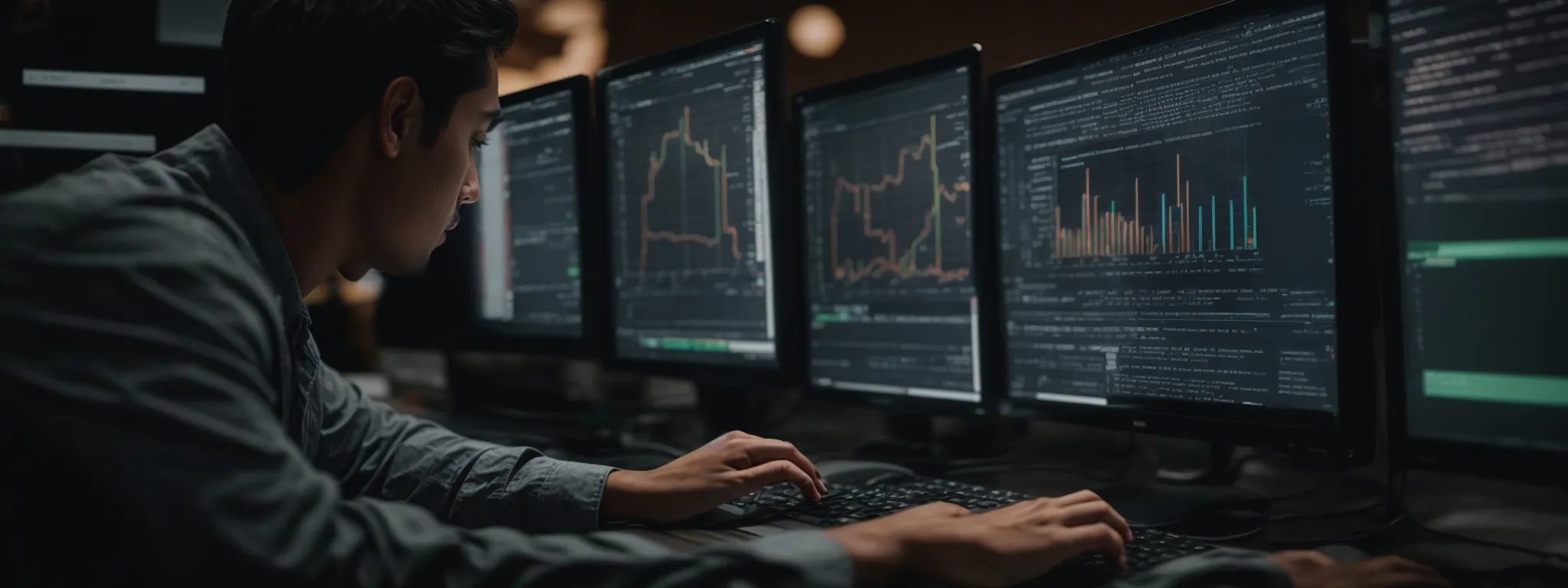 a web developer intently scrutinizes performance analytics on a computer screen, reflecting the optimization of a website's core web vitals.