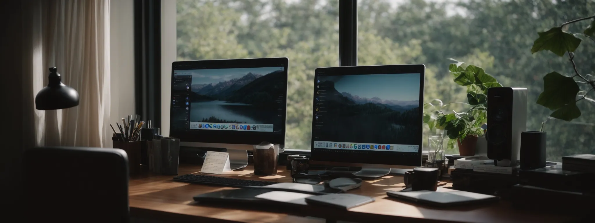 a home office setup with a computer on a desk, a comfortable chair, and a window showing the glimpse of the outside world.