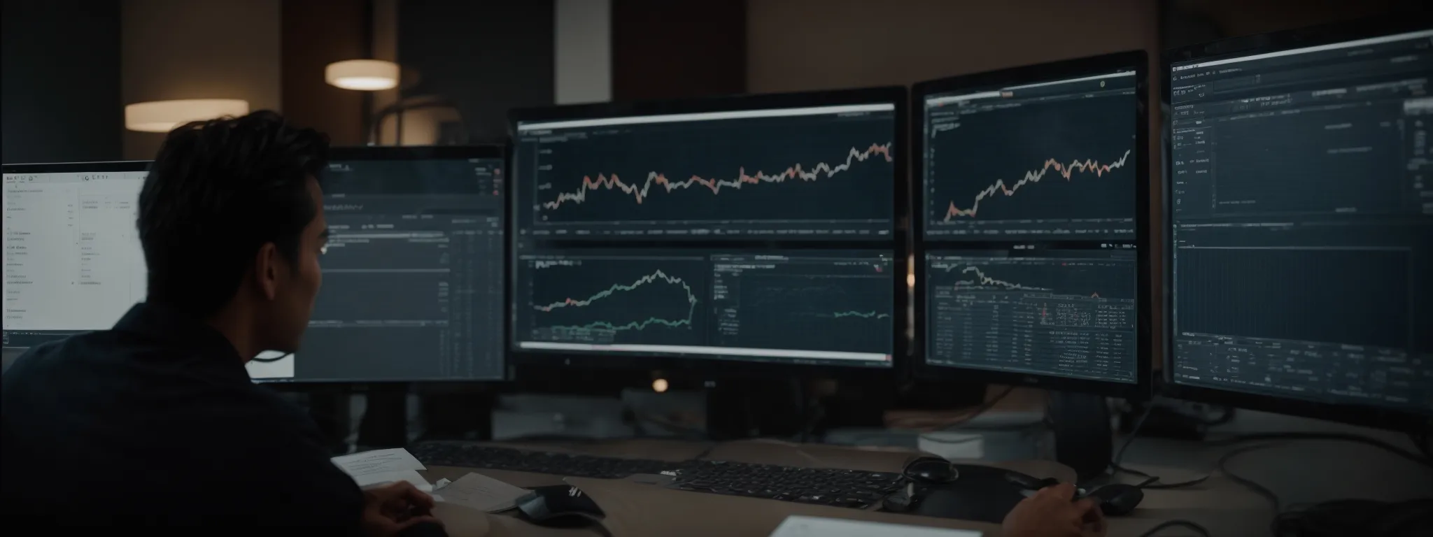a marketer reviews graphs on a computer screen analyzing the trends in click-through rates for online campaigns.