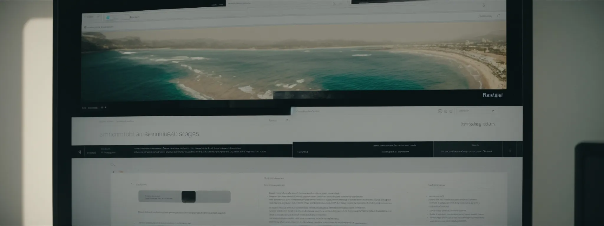 a monitor displaying a webpage with structured headings and keyword-focused bullet points, framed by notes on user intent and search relevancy.