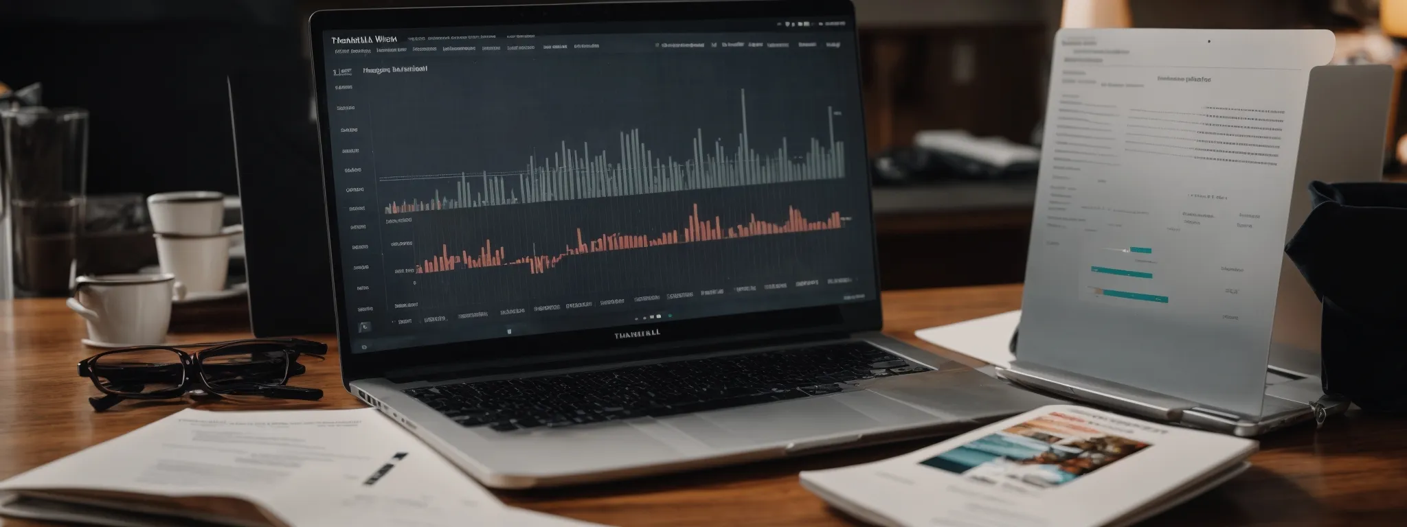 a laptop with analytics graphs on the screen amidst marketing strategy papers on a wooden table.