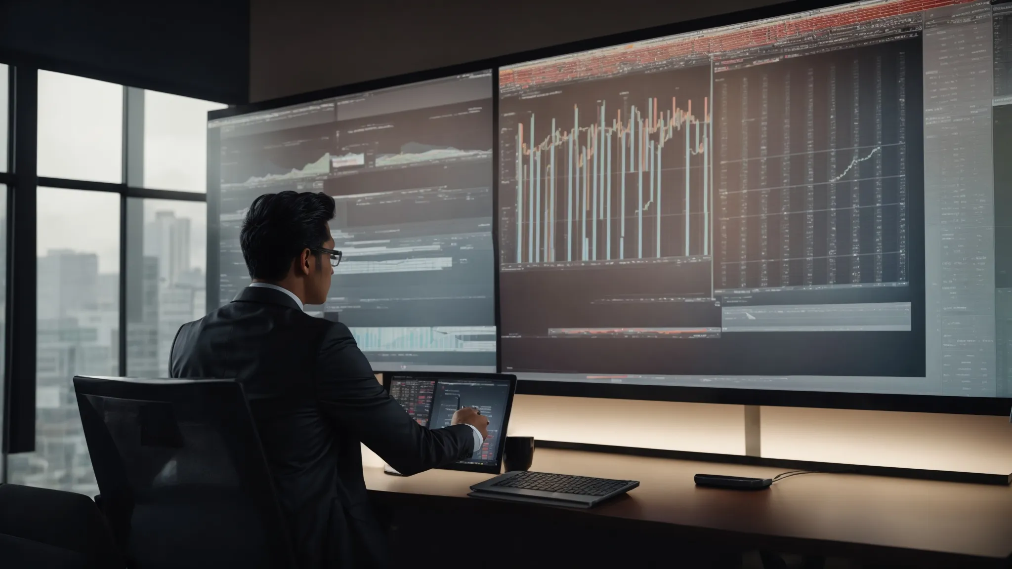 a marketer analyzing a multi-layered funnel chart on a computer screen in a sleek, modern office.