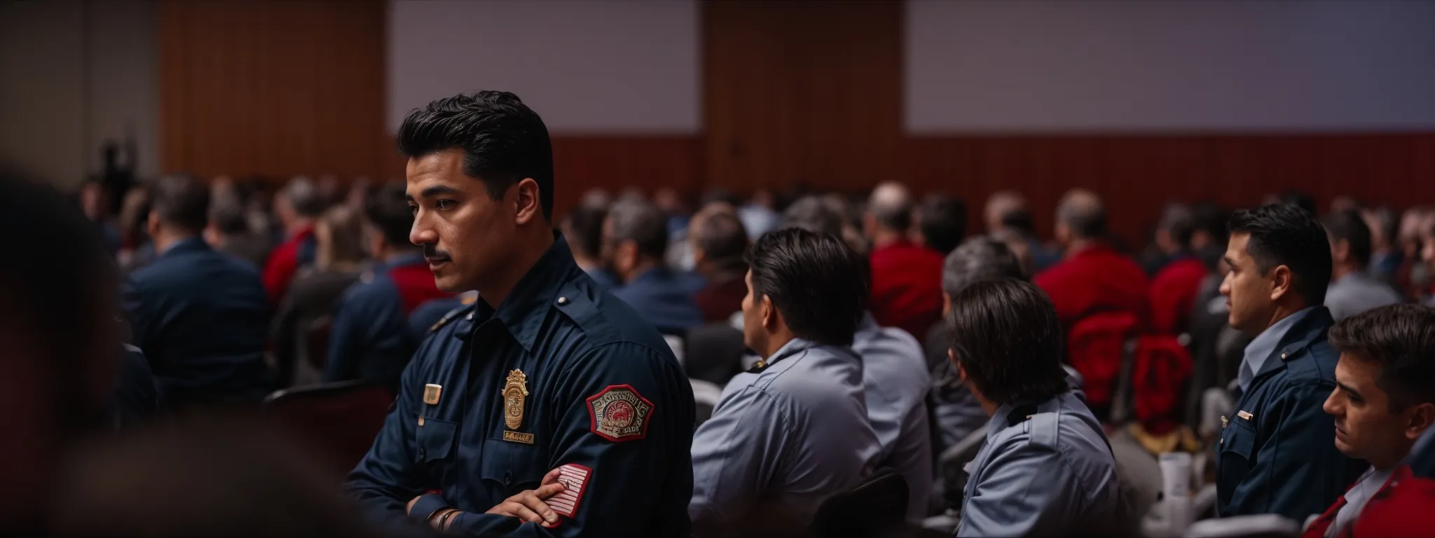 a firefighter speaks at a conference with various fire protection professionals in attendance.