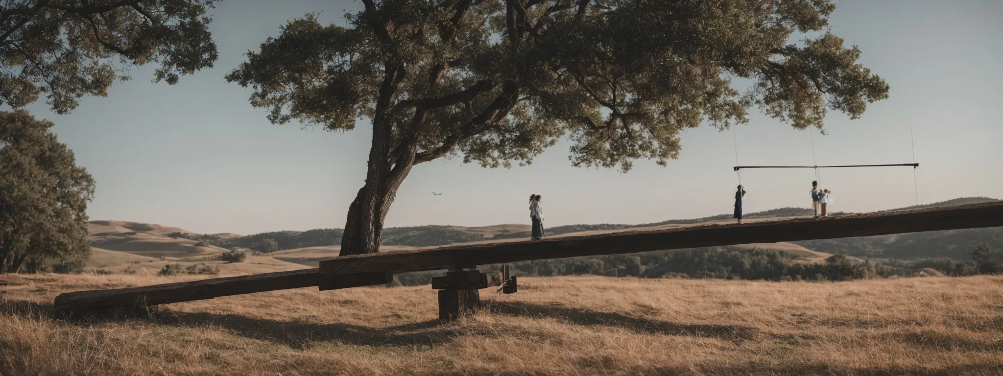 a seesaw in perfect balance, with two identical weights on either side.