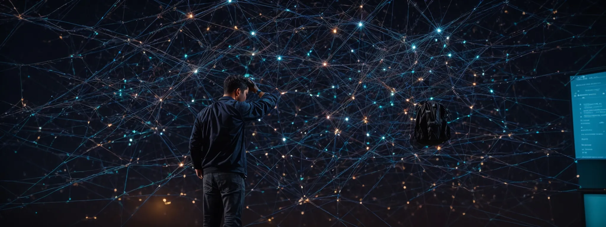 a digital marketing expert points to a vibrant web of interconnected nodes on a large screen, symbolizing a network of links.