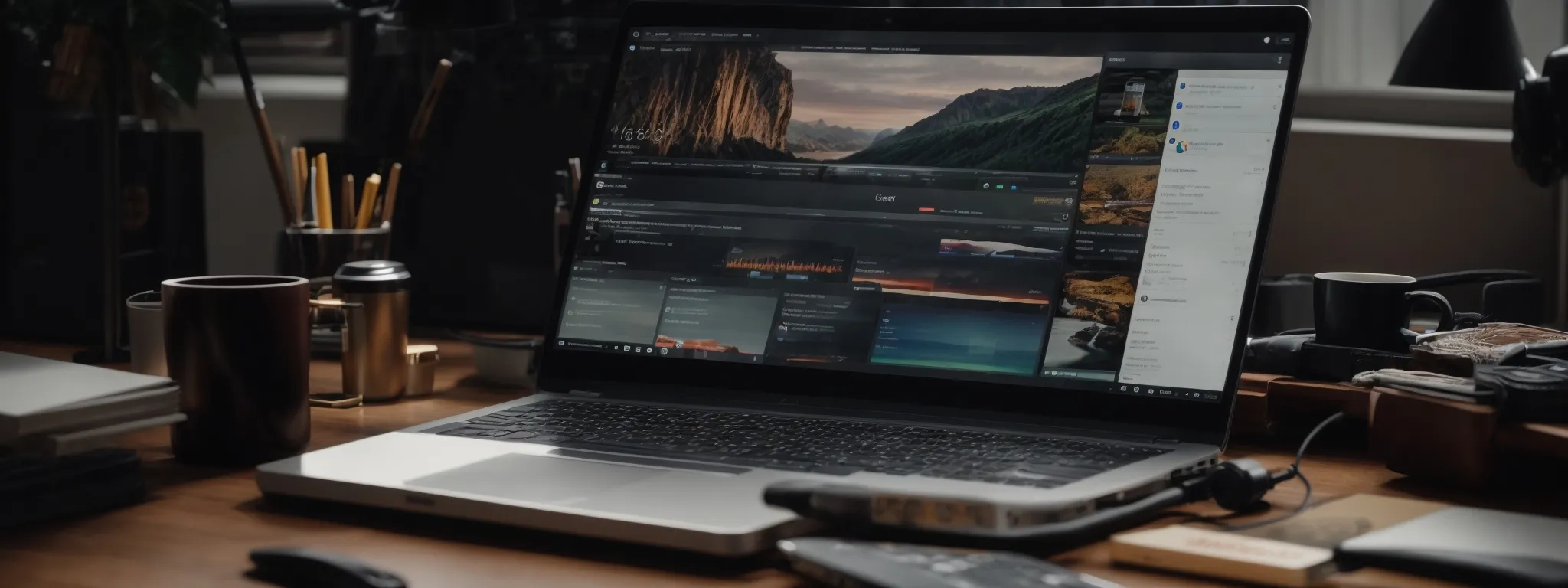 a laptop open to a social media analytics dashboard on a desk surrounded by content creation tools.