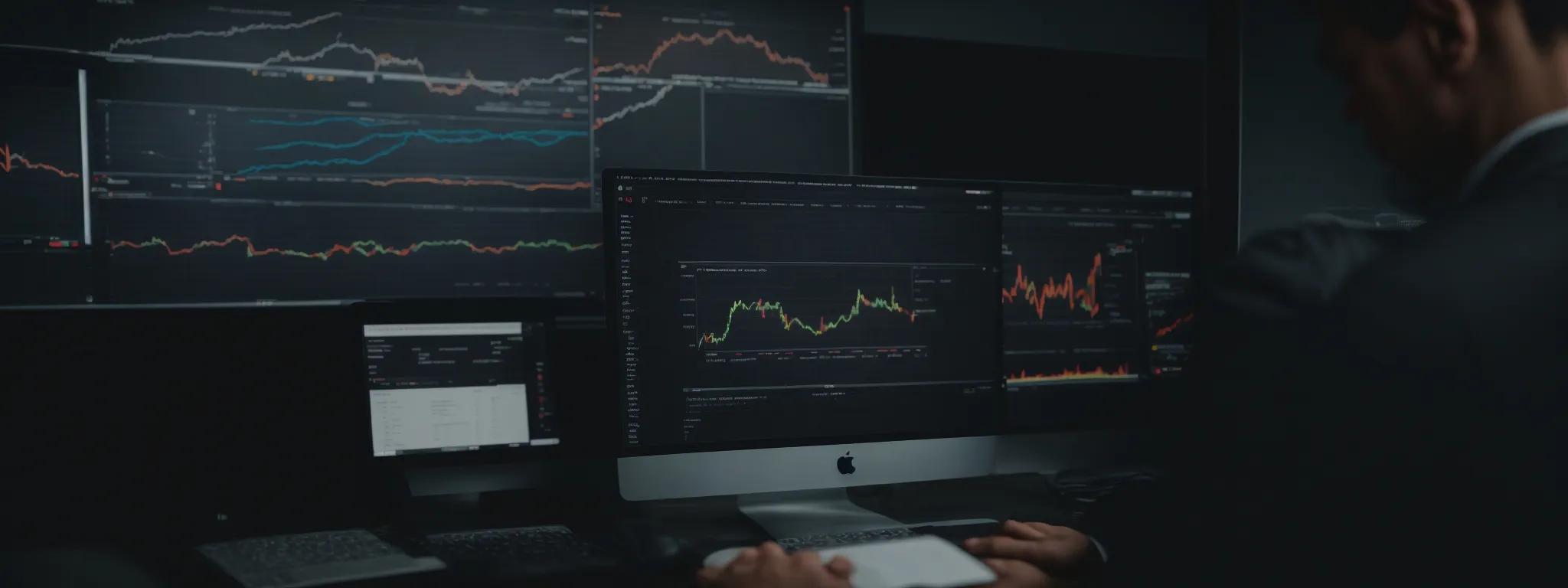 a marketer analyses a graph of growing website traffic on a computer screen after successful backlink implementation.