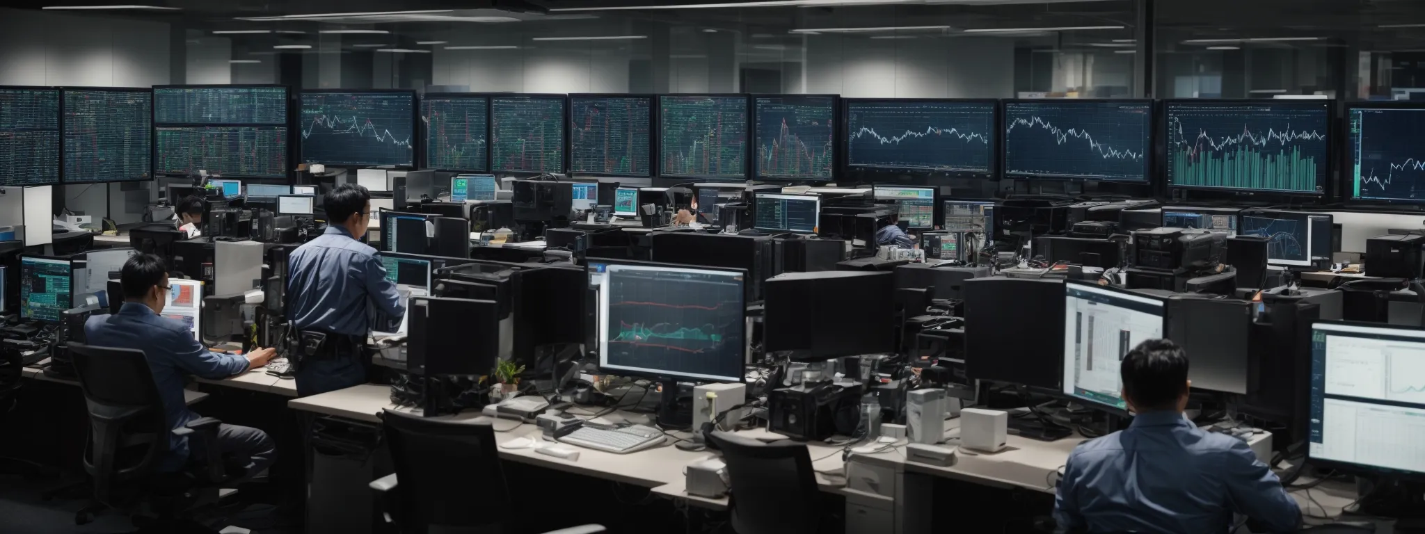 a bustling office with wide computer monitors displaying colorful graphs and charts.