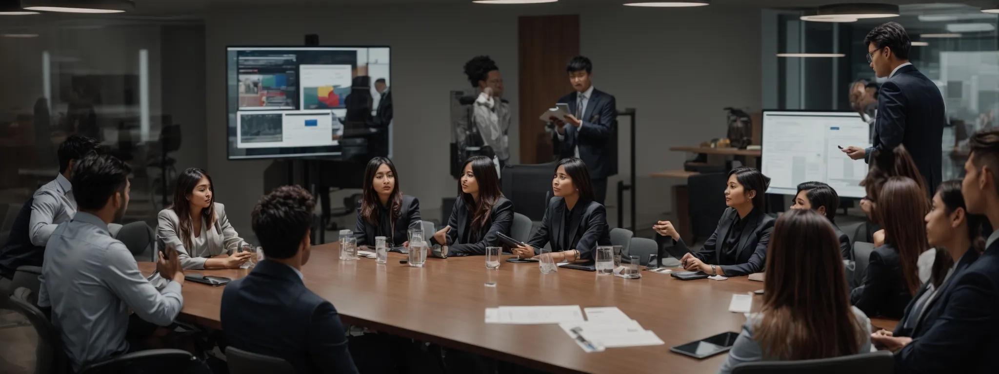a team of professionals collaborates around a conference table, strategizing content marketing initiatives with digital devices and analytical reports.