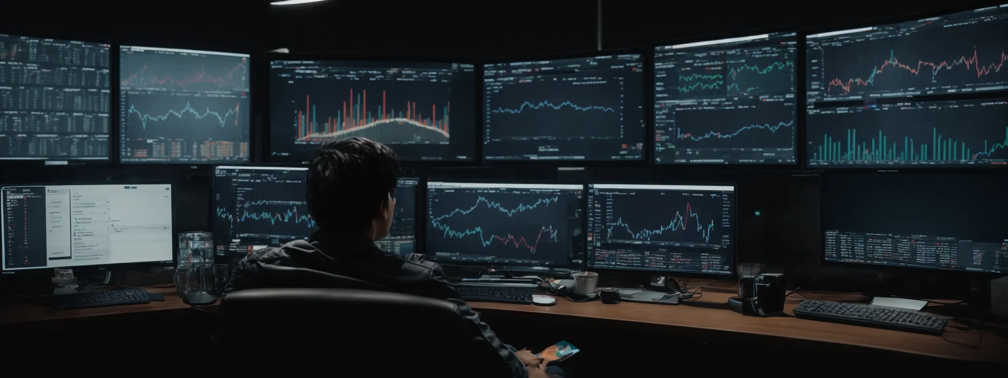 a person sits in front of a computer with multiple analytics dashboards open on the screen, indicating a focus on seo and digital marketing strategies.
