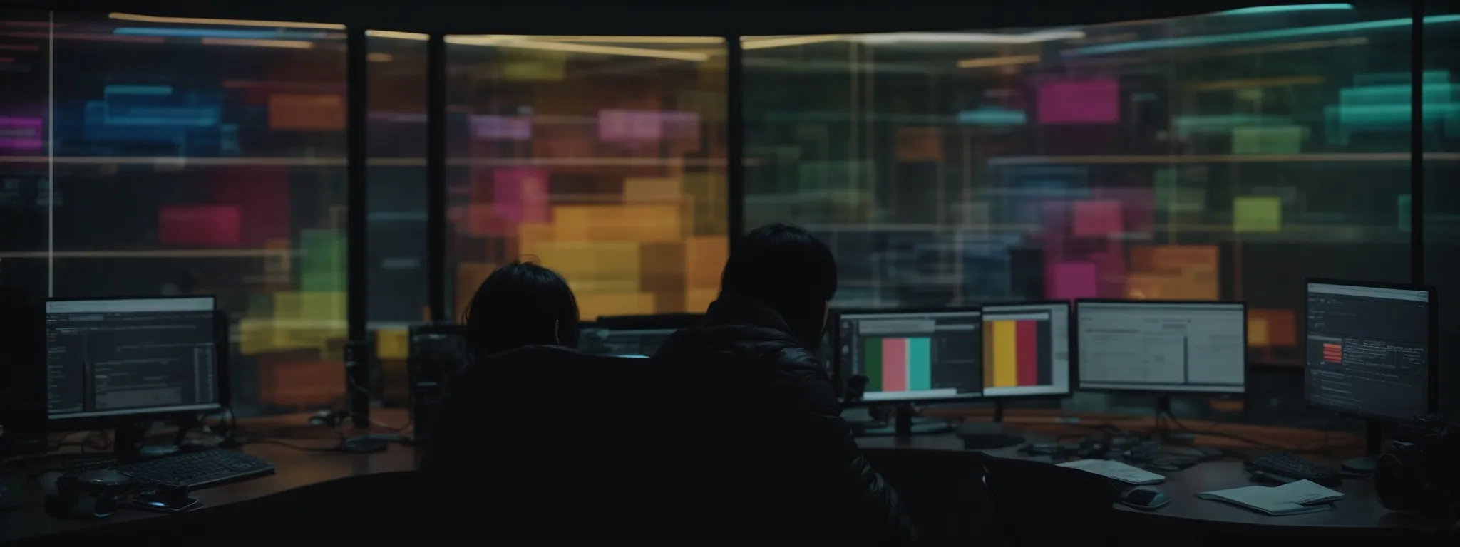 a person stares contemplatively at a computer screen where a simple application window displays an array of colorful brainstorming nodes.