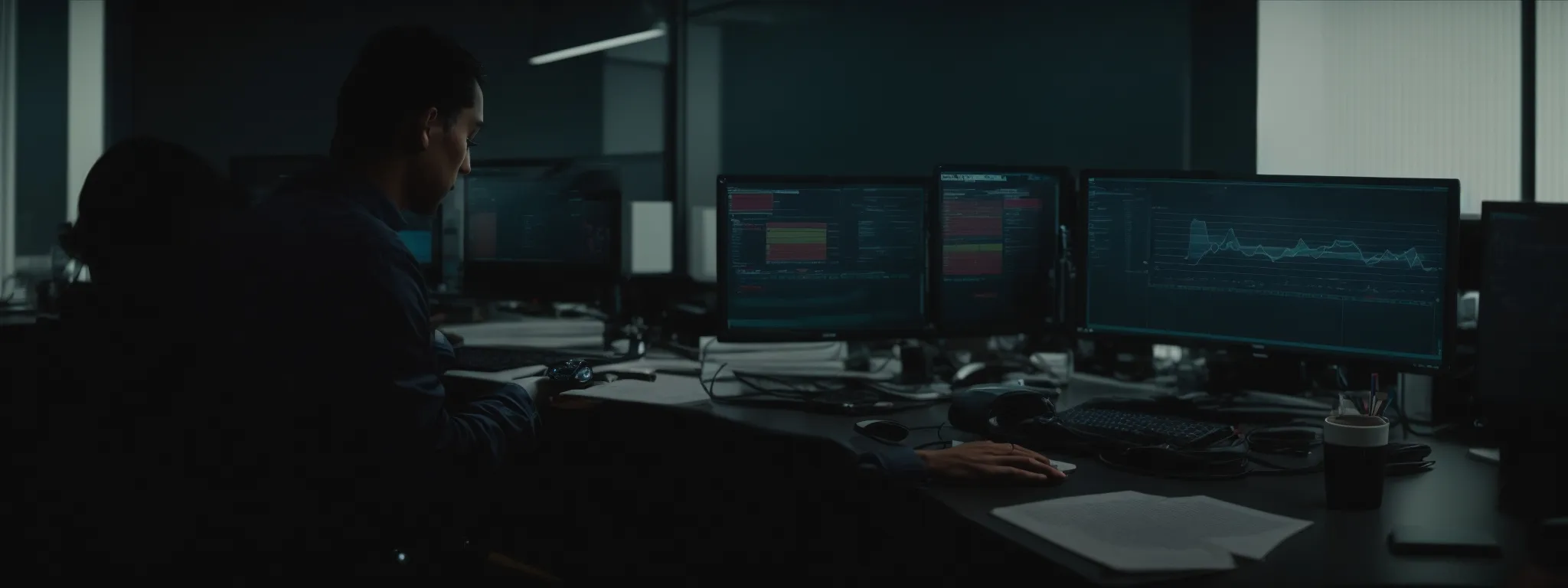 a person sitting at a computer in an office environment, reviewing an analytics dashboard on their monitor.