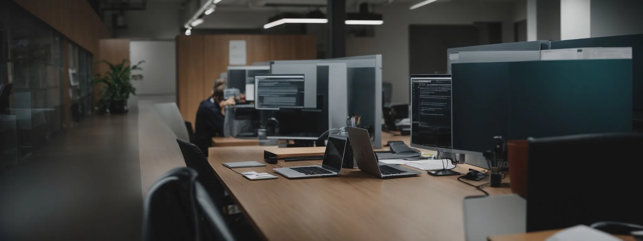 a person intently studying on a laptop in a modern office space, symbolizing professional development in digital marketing.