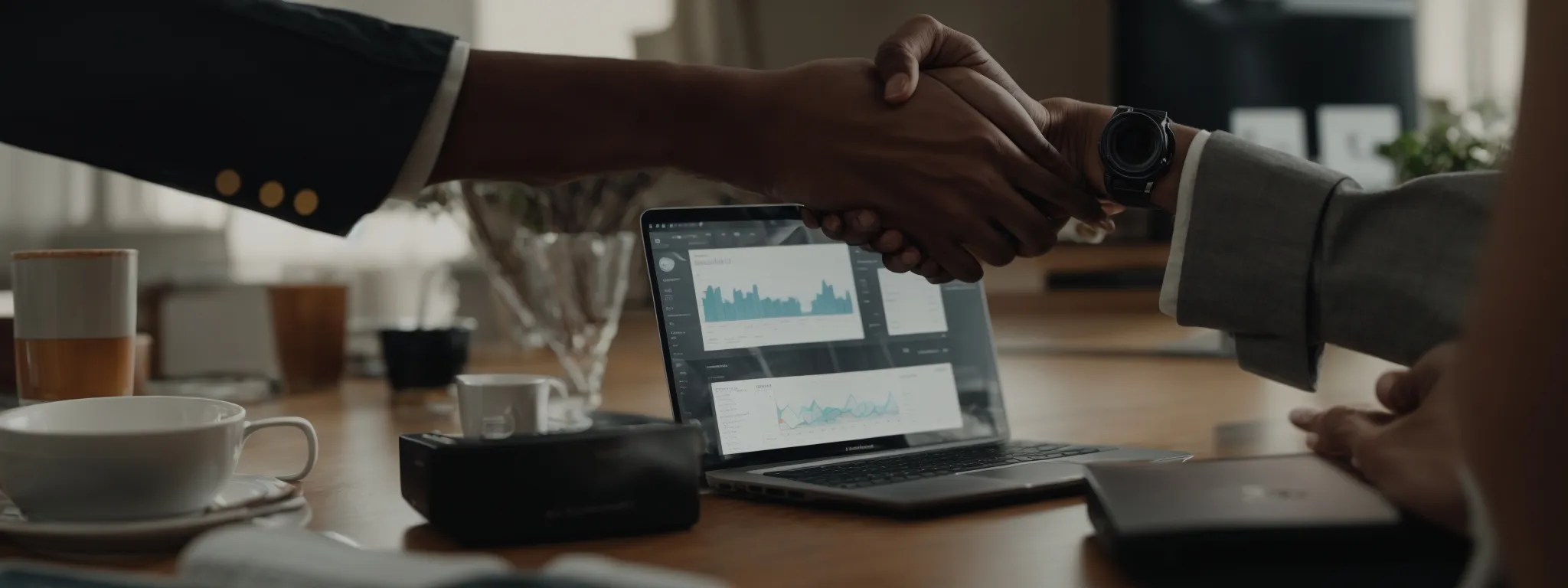 two professionals shaking hands over a table with a laptop displaying graphs and analytics.