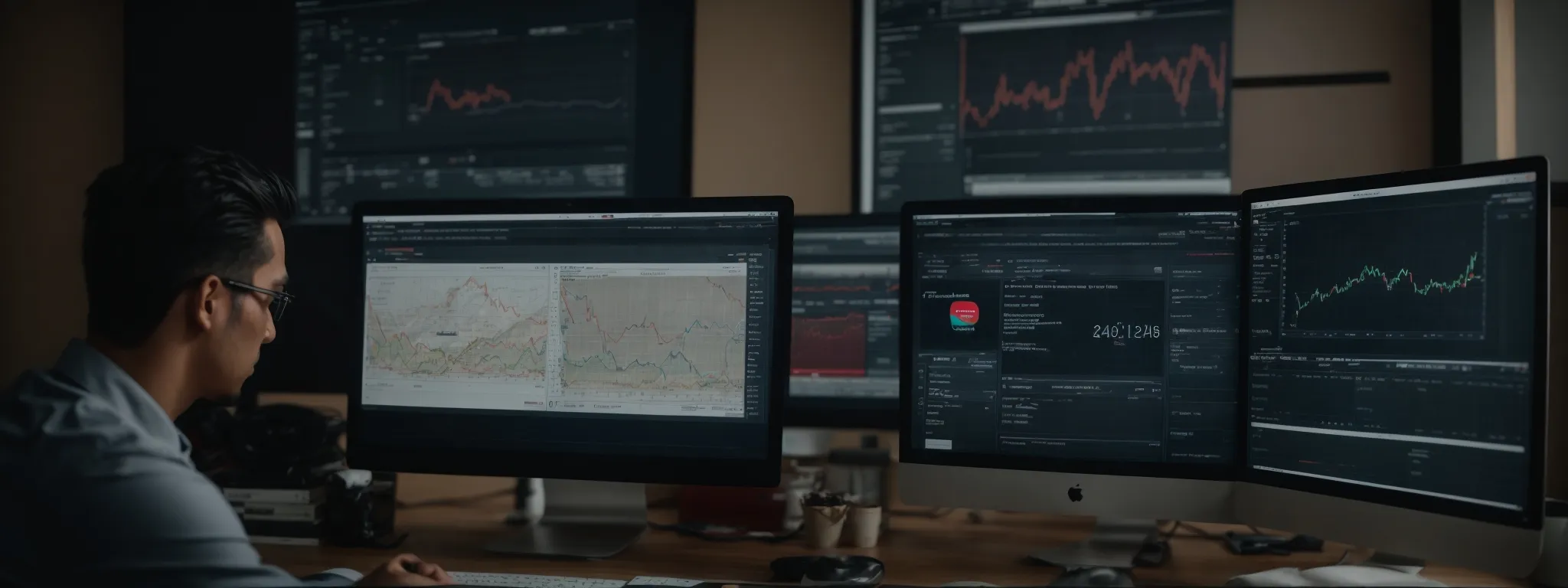 a marketer analyzes a dashboard on a computer screen, showing website traffic and engagement metrics.