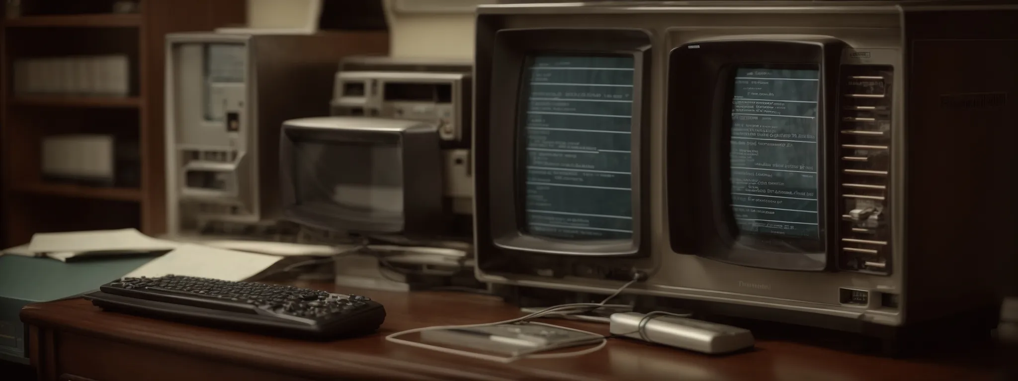 a vintage computer displaying an early version of a web search engine interface in an old-fashioned office setting.