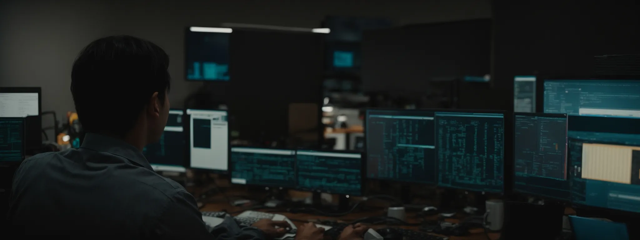 a programmer is optimizing a website on a computer in a modern office.