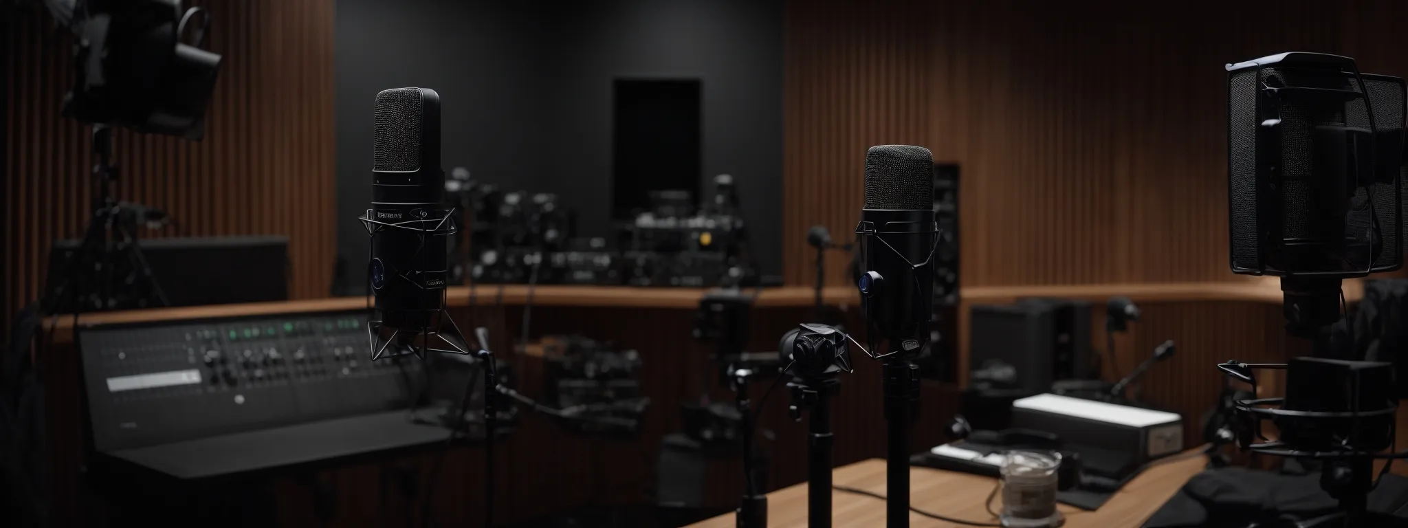 A professional recording studio with several microphones on stands, a mixing console, and sound equipment, set against wood-paneled walls.