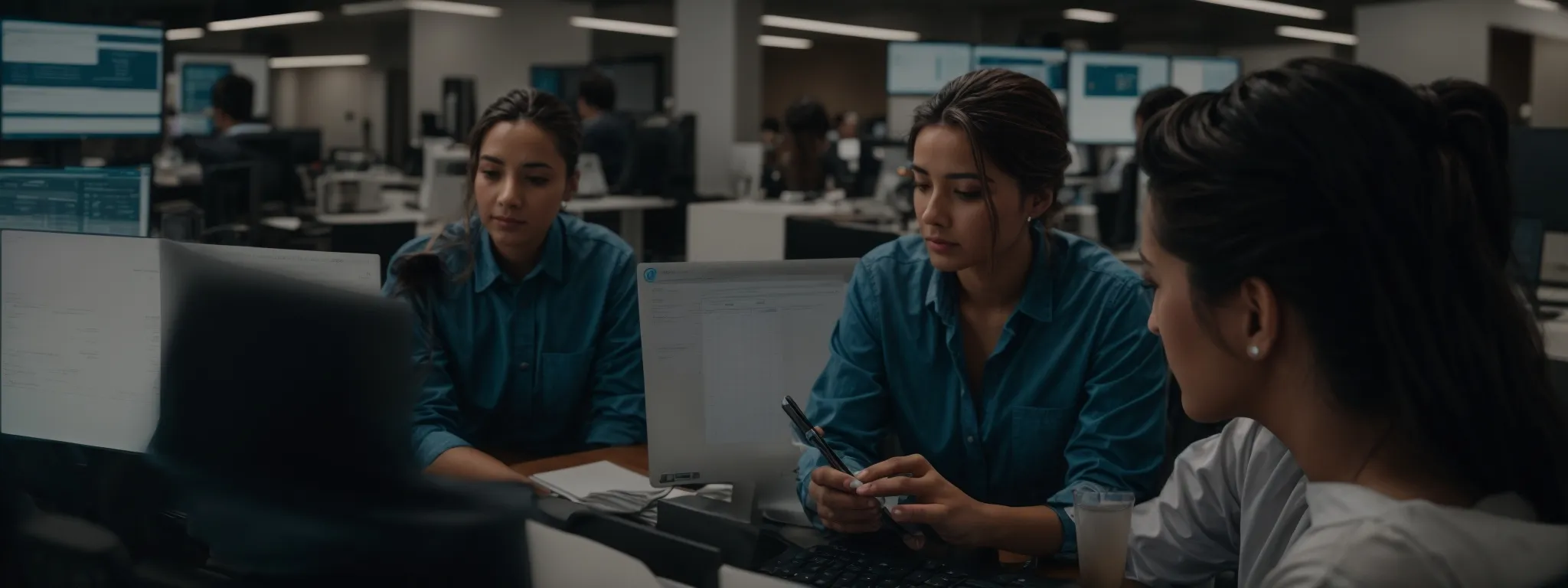 two individuals are intently reviewing data analytics on a computer screen in a modern office setting.