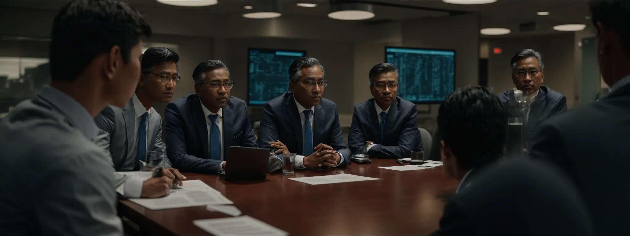 a group of professionals around a conference table, actively engaged in discussion with digital graphs on a screen.